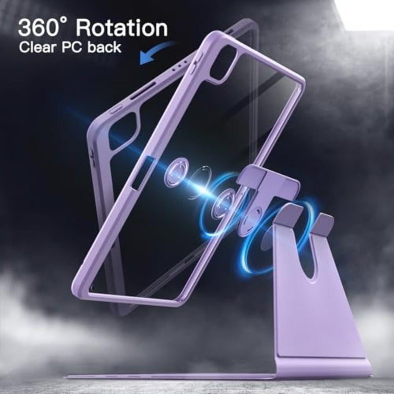 غطاء حماية دوار لجهاز iPad Pro 11 4/3: موديل 2022/2021، حامل يدور 360 درجة، ظهر شفاف من مادة TPU، تنبيه/غفو تلقائي، حامل أقلام رصاص، حماية كاملة - Image 3