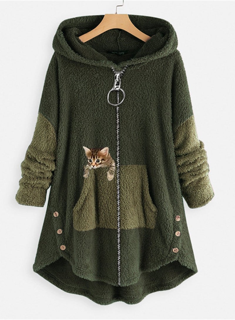 Loquat Street Hipster Zipper Women's Casual Loose Warm Mid-Length Jacket Green  - Image 1