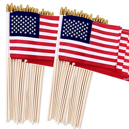 Uelfbaby 100 Pack Small American Flags on Stick, 4x6 Inch Small US Flags/American Flags for Outside, Mini Hand Held Stick Flags with Kid-Safe Spear Top, Memorial Day, Independence Day Decor,Patriotic Decorations - Image 1