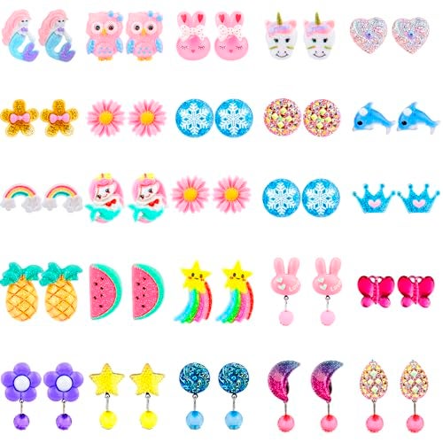 Hicdaw 25Pairs Clip On Earrings For Girls Play Earrings for Party Favor Kids Princess Play Jewelry - Image 1