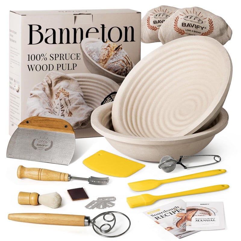 BAVIFY Wood Pulp Banneton Bread Proofing Basket Set, 9" 2.2LB Round Sourdough Banneton Basket Kit, Sourdough Bread Making Tool Baking Supplies with Proofing Bowl, Cover, Dough Whisk, Lame, Scraper - Image 1