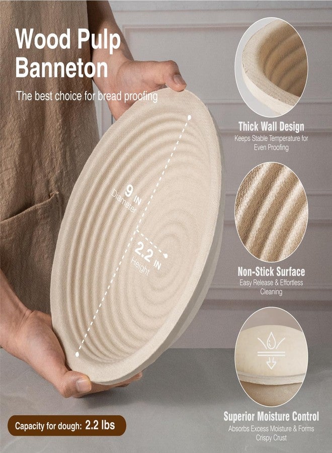 BAVIFY Wood Pulp Banneton Bread Proofing Basket Set, 9" 2.2LB Round Sourdough Banneton Basket Kit, Sourdough Bread Making Tool Baking Supplies with Proofing Bowl, Cover, Dough Whisk, Lame, Scraper - Image 2
