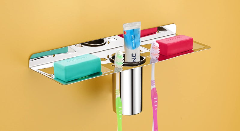 iSTAR 4-in-1 Stainless Steel Wall-Mounted Double Soap Dish with Toothbrush, Toothpaste, and Tumbler Holder | Multipurpose Bathroom Accessories Organizer for Home, Office, Hotel, Wash-Basin (Pack of 1) - Image 1