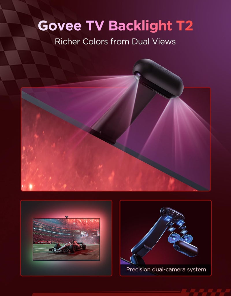 Govee إضاءة خلفية LED للتلفزيون من Govee Envisual T2 مع كاميرات مزدوجة، شريط إضاءة LED RGBIC Wi-Fi بطول 11.8 قدم للتلفزيونات مقاس 55-65 بوصة، حبات إضاءة شريطية مزدوجة، تتكيف مع التلفزيونات فائقة النحافة، التحكم الذكي بالتطبيق، مزامنة الموسيقى، H605C - Image 3