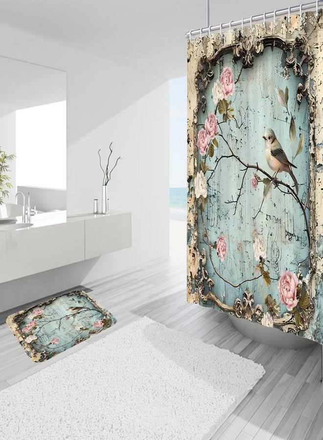 DDQQ 4Pcs Vintage Flower Bird Shower Curtain Set Bathroom Sets Branch Shower Curtain with 12 Hooks Bathroom Decor with Rugs Bath Accessories with Mats Toilet Lid Cover - Image 3