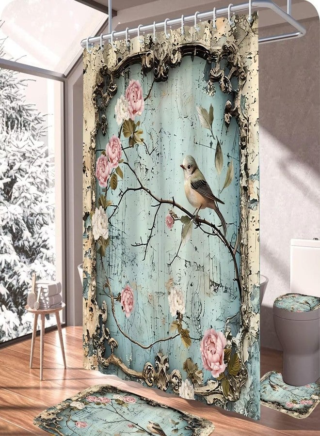 DDQQ 4Pcs Vintage Flower Bird Shower Curtain Set Bathroom Sets Branch Shower Curtain with 12 Hooks Bathroom Decor with Rugs Bath Accessories with Mats Toilet Lid Cover - Image 4