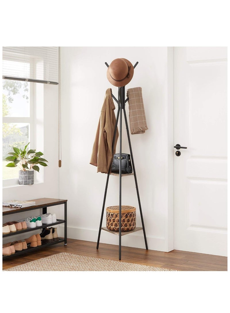 Arabest Three-Pronged Coat Rack Freestanding, Coat Hanger Stand, Hall Tree With 2 Shelves, For Clothes, Hat, Bag, Industrial Style, Rustic Brown And Black 180 Cm  - Image 1