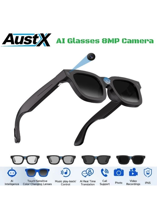 AustX  نظارات AustX الذكية بتقنية الذكاء الاصطناعي مزودة بكاميرا 8 ميجابكسل وتسجيل فيديو بدقة 1080 بكسل. تدعم الترجمة، والتحكم الصوتي عبر ChatGPT، والصوت الاستريو. عدسات متغيرة اللون قابلة للتعتيم بأربعة مستويات، تصميم مناسب للجنسين. - Image 1
