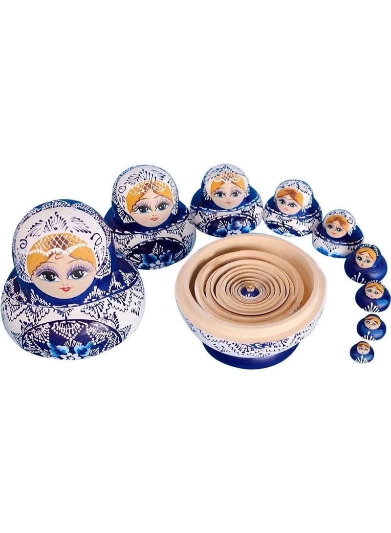 Wooden Nesting Dolls Stacking Set of 10 Handmade Toys for Kids & Adults, Spring Festival Mother's Day Birthday Holiday Season Home Room Decoration Gift (Blue)  - Image 3