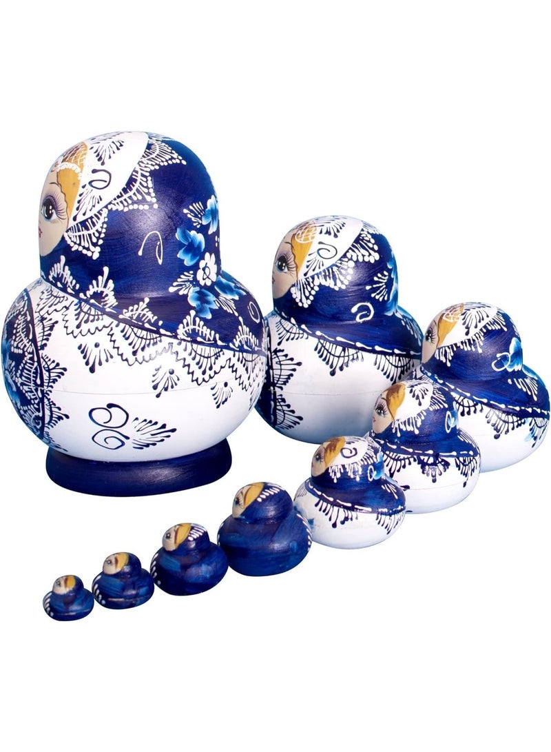 Wooden Nesting Dolls Stacking Set of 10 Handmade Toys for Kids & Adults, Spring Festival Mother's Day Birthday Holiday Season Home Room Decoration Gift (Blue)  - Image 2