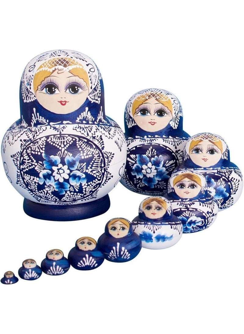 Wooden Nesting Dolls Stacking Set of 10 Handmade Toys for Kids & Adults, Spring Festival Mother's Day Birthday Holiday Season Home Room Decoration Gift (Blue)  - Image 1