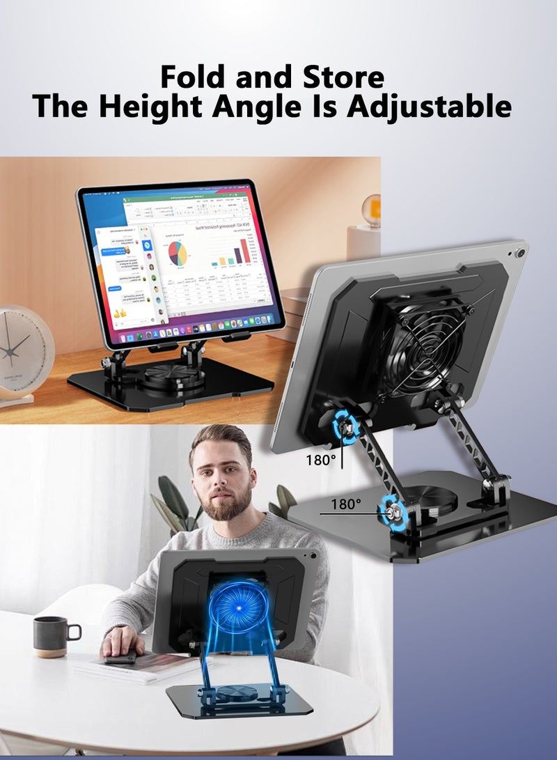 Carbon Steel Foldable iPad Tablet Stand with 360-degree Swivel Base and Cooling Fan, Compatible with iPad Pro/Air/Mini, etc - Image 4