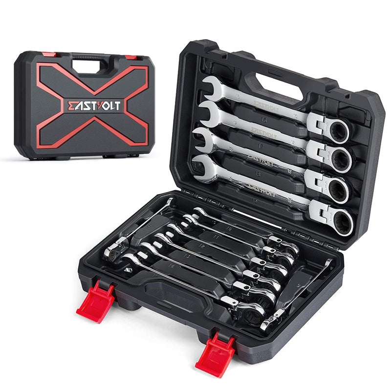 Eastvolt 12-Piece Flex-Head Ratcheting Wrench Set, Metric 8mm-19mm, Combination Ended Spanner kits, Chrome Vanadium Steel with Toolbox, EVHT1201 - Image 1