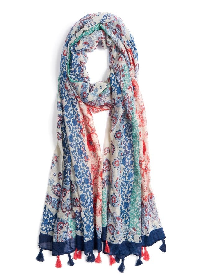 QIUTIMIY Scarf for Women Lightweight Soft Floral Printed Scarves Fall Winter Fashion Shawl Wrap with Fringe(Flower-Blue Orange) - Image 1