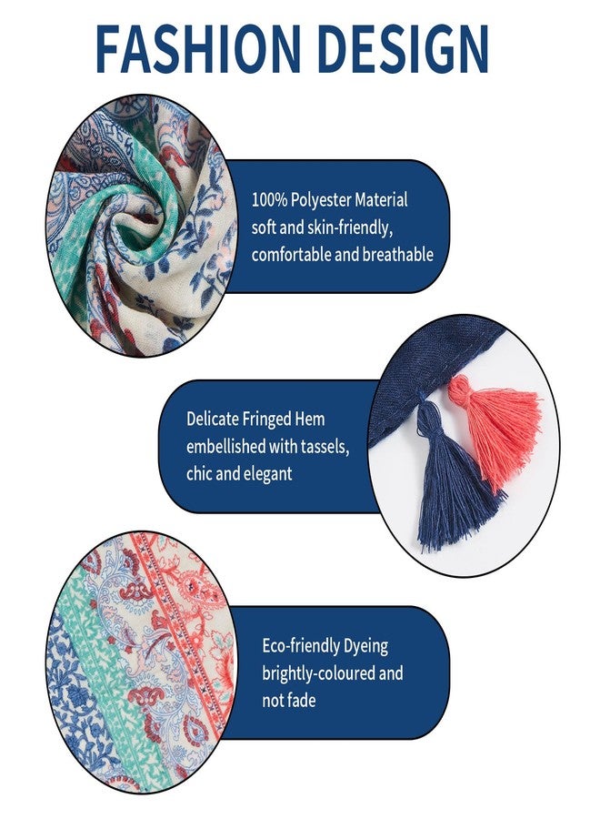 QIUTIMIY Scarf for Women Lightweight Soft Floral Printed Scarves Fall Winter Fashion Shawl Wrap with Fringe(Flower-Blue Orange) - Image 2