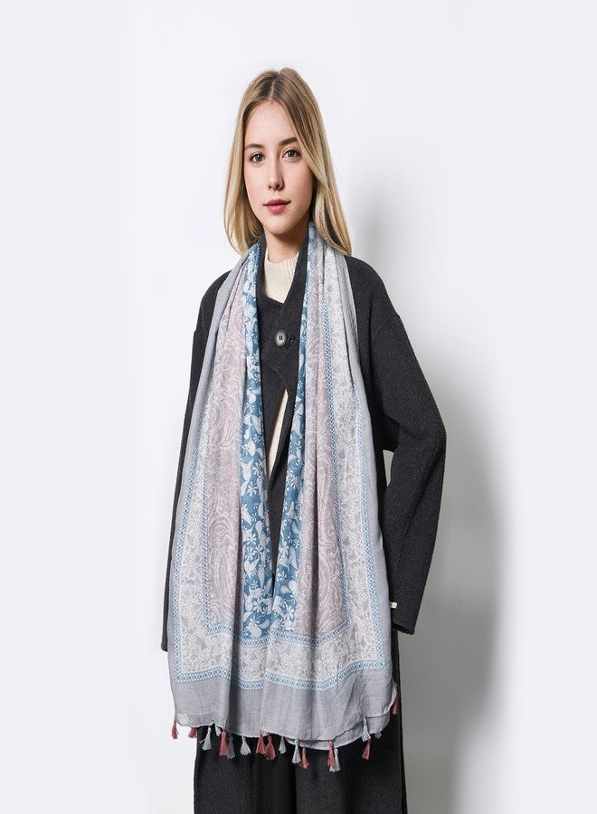 QIUTIMIY Scarf for Women Lightweight Soft Floral Printed Scarves Fall Winter Fashion Shawl Wrap with Fringe(Flower-Blue Orange) - Image 5