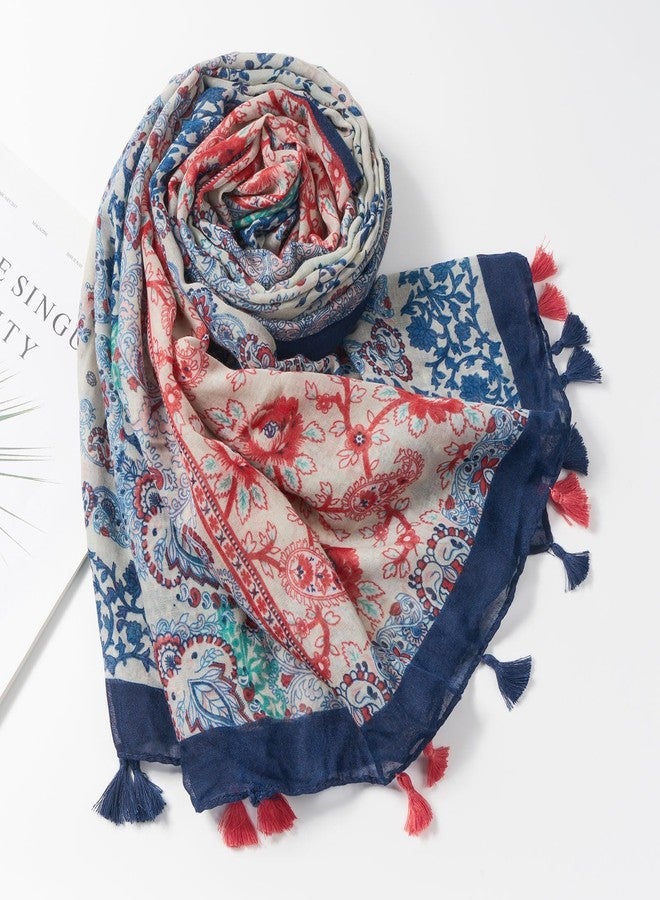 QIUTIMIY Scarf for Women Lightweight Soft Floral Printed Scarves Fall Winter Fashion Shawl Wrap with Fringe(Flower-Blue Orange) - Image 4