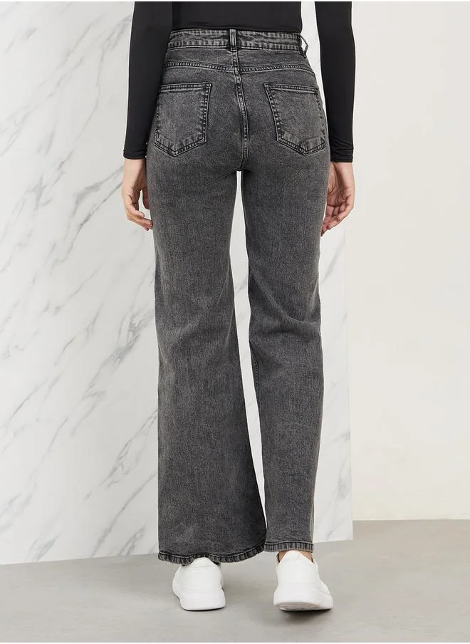 Styli High Rise Washed Fit and Flared Jeans