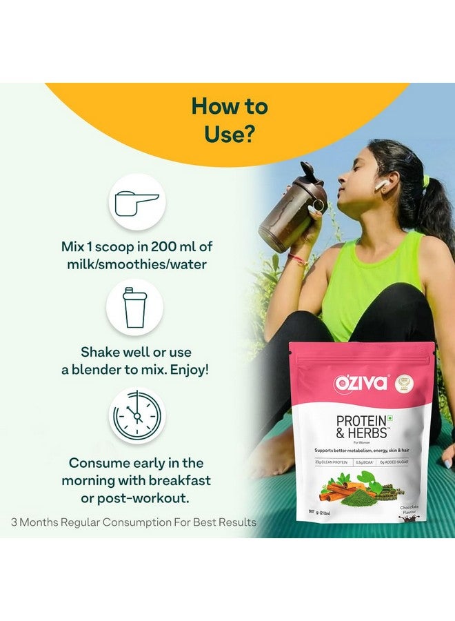 OZiva Protein & Herbs, Women, (Natural Protein Powder with Ayurvedic Herbs like Shatavari, Giloy, Curcumin & Multivitamins for Improving Metabolism, Skin & Hair (Chocolate 907g + Shaker) - Image 5