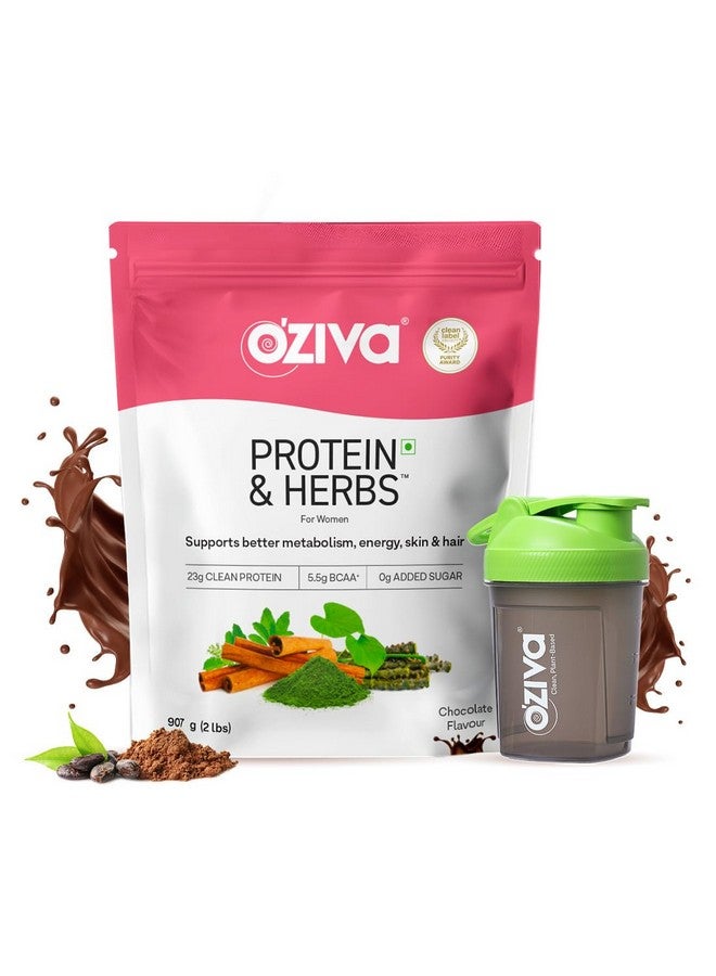 OZiva Protein & Herbs, Women, (Natural Protein Powder with Ayurvedic Herbs like Shatavari, Giloy, Curcumin & Multivitamins for Improving Metabolism, Skin & Hair (Chocolate 907g + Shaker) - Image 1