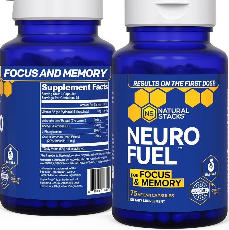 NATURAL STACKS NeuroFuel Nootropic Brain Support Supplement  750mg LCarnitine  500mg LPhenylalanine  Brain Supplement for Memory and Focus  75 Focus Pills - Image 1
