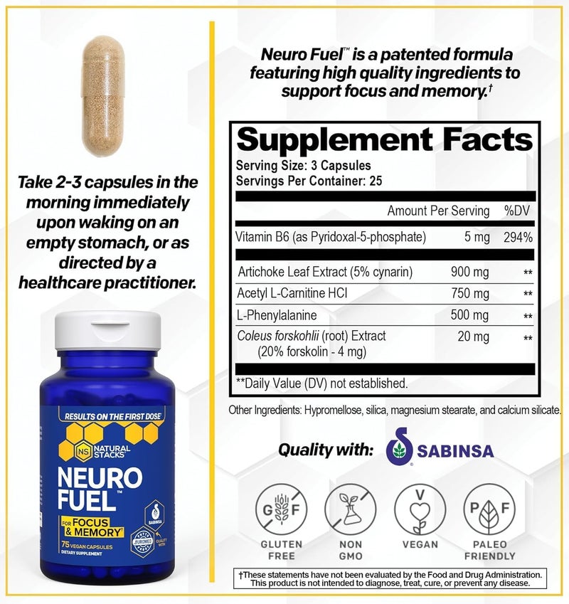 NATURAL STACKS NeuroFuel Nootropic Brain Support Supplement  750mg LCarnitine  500mg LPhenylalanine  Brain Supplement for Memory and Focus  75 Focus Pills - Image 3