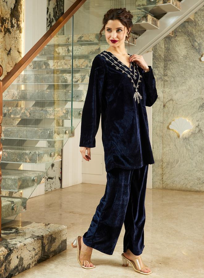 Athena Navy Blue Velvet Look Tunic and Pants Co-ords - Image 4