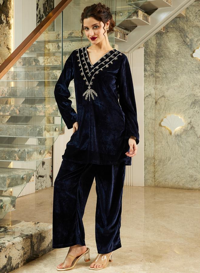Athena Navy Blue Velvet Look Tunic and Pants Co-ords - Image 3