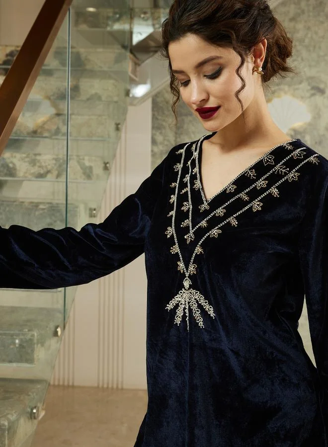 Athena Navy Blue Velvet Look Tunic and Pants Co-ords