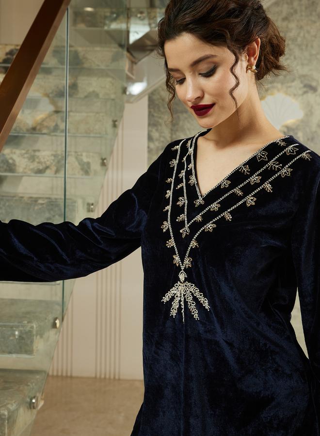 Athena Navy Blue Velvet Look Tunic and Pants Co-ords - Image 2