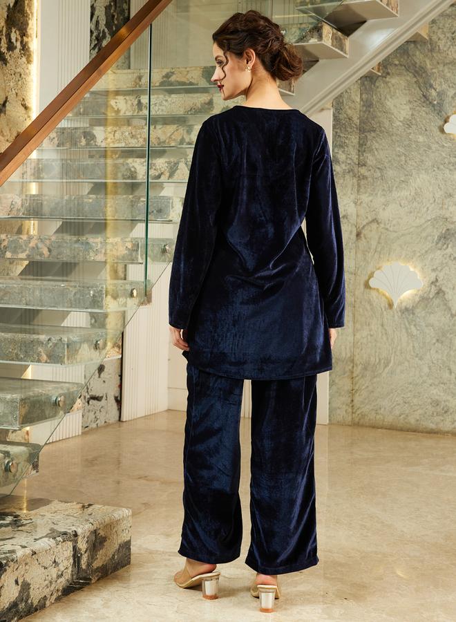 Athena Navy Blue Velvet Look Tunic and Pants Co-ords - Image 5