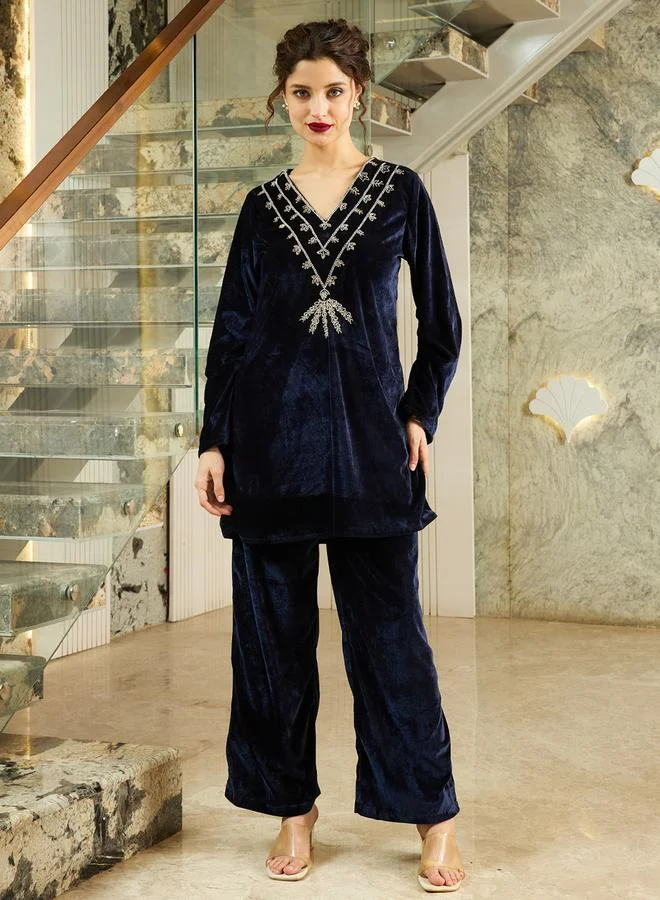 Athena Navy Blue Velvet Look Tunic and Pants Co-ords