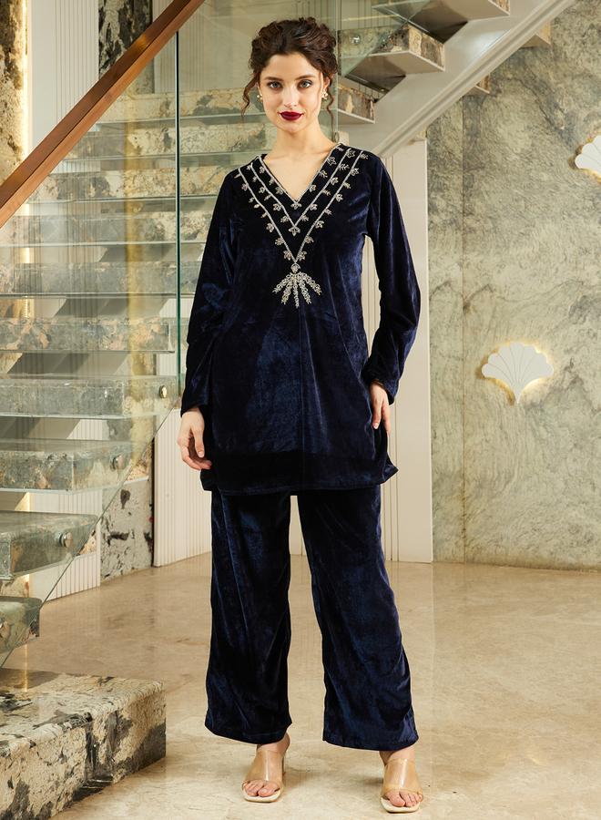 Athena Navy Blue Velvet Look Tunic and Pants Co-ords - Image 1