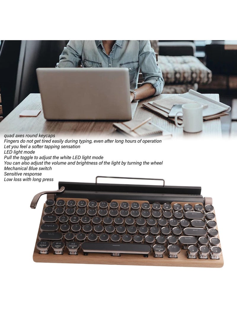 Mechanical Keyboard, Typewriter Keyboard Wireless, Cute Round Punk Keycaps with Bluetooth USB, Gaming Keyboard with Backlit for Desktop/PC/Phone (Wood Grain Color)