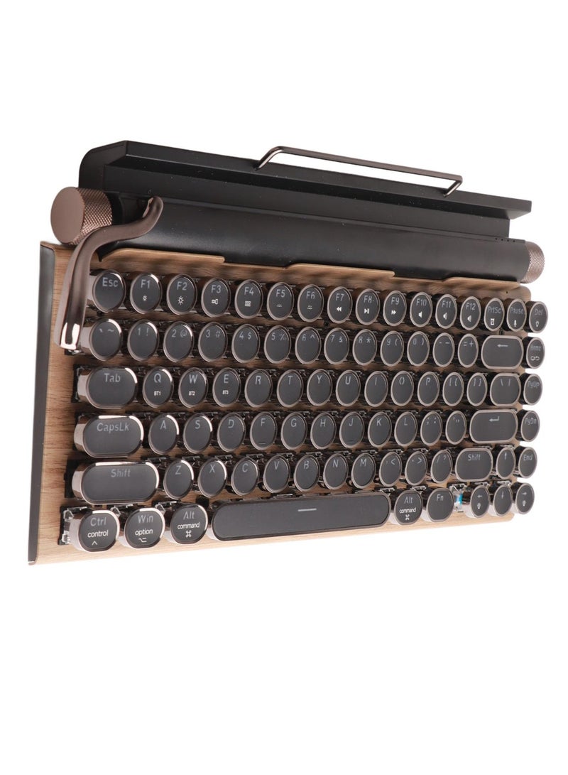 Mechanical Keyboard, Typewriter Keyboard Wireless, Cute Round Punk Keycaps with Bluetooth USB, Gaming Keyboard with Backlit for Desktop/PC/Phone (Wood Grain Color)