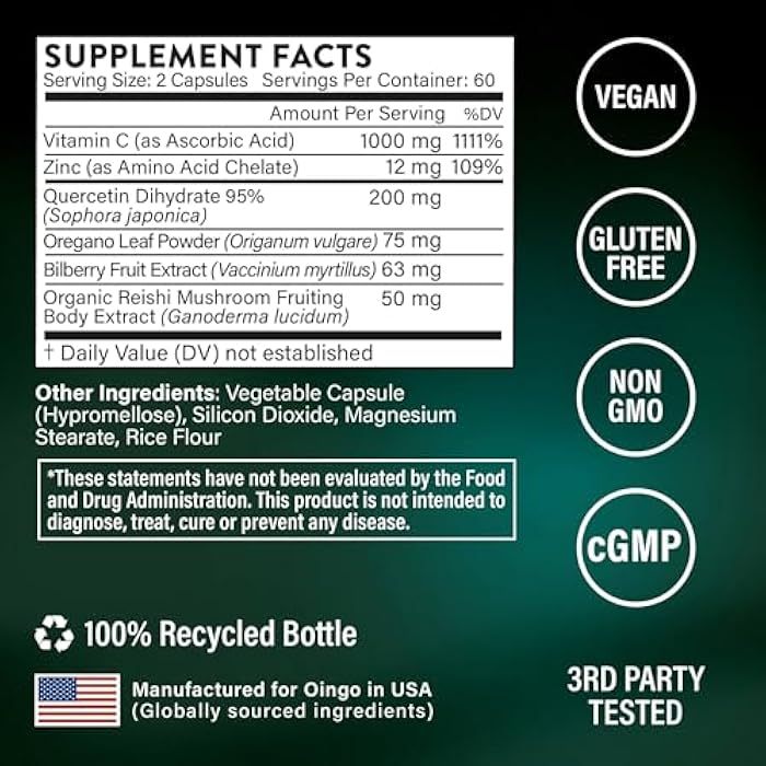 Daily Immunity Capsules, Quercetin, Reishi Mushroom, Zinc, Oregano Oil, and Vitamin C, 120 Veggie Capsules - Image 4