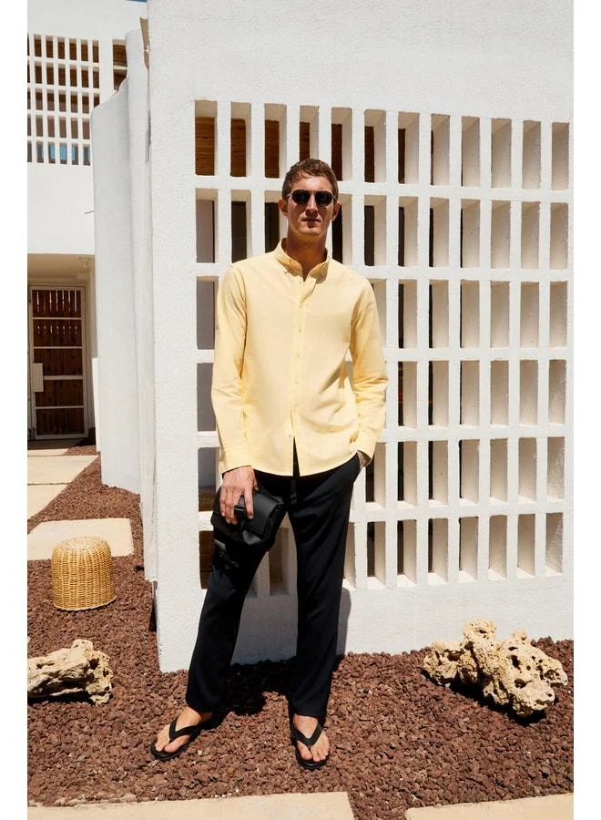 GRIMELANGE Perttu Men's 100% Cotton Slim Fit Narrow Cut Button Collar Linen-Style Flannel Yellow Shirt.