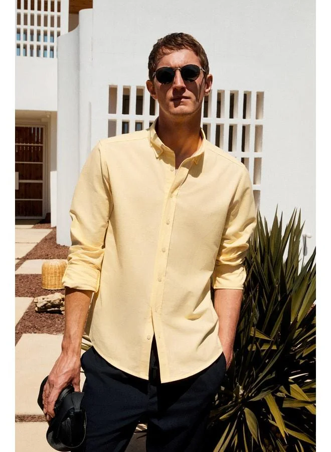 GRIMELANGE Perttu Men's 100% Cotton Slim Fit Narrow Cut Button Collar Linen-Style Flannel Yellow Shirt.