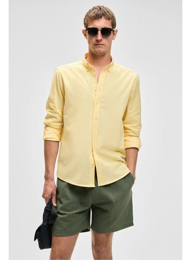 GRIMELANGE Perttu Men's 100% Cotton Slim Fit Narrow Cut Button Collar Linen-Style Flannel Yellow Shirt.