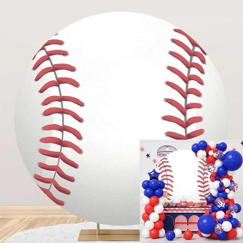 Leyiyi 72x72ft Baseball Birthday Round Backdrop Cover Polyester Sports Baseball for Boys Kids Birthday Party Red White Photography Background Newborn Gender Reveal Party Cake Table Banner Decoration