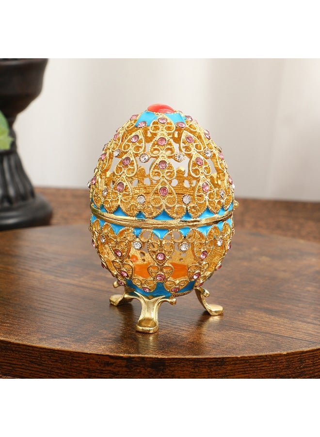 6x6x10 cm - Sapphire Blue Hollow Egg-Shaped Enamel Jewelry Box with Crystal Inlay, Alloy Decorative Storage Case for Earrings & Rings - Elegant Gift for Women, Brides, Birthday, Wedding - Image 1