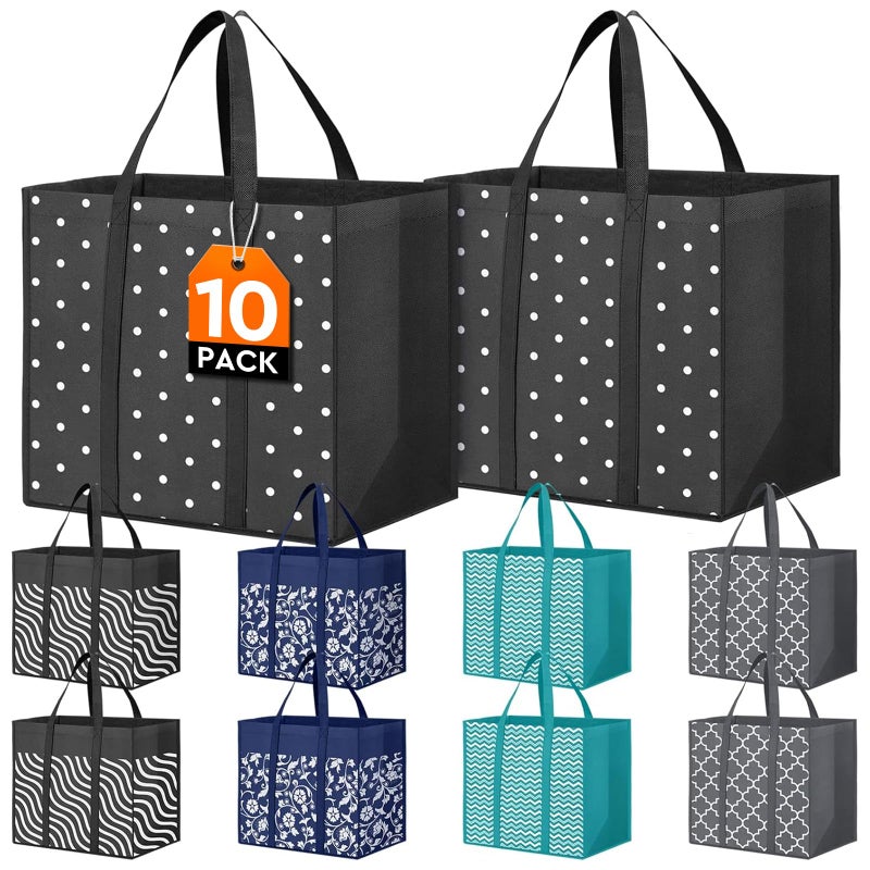 Fab totes 10 Pack Reusable Grocery Bags for Groceries 35L Large Capacity Heavy Duty Waterproof Tote Bags for Shopping and Picnic with Sturdy Handles