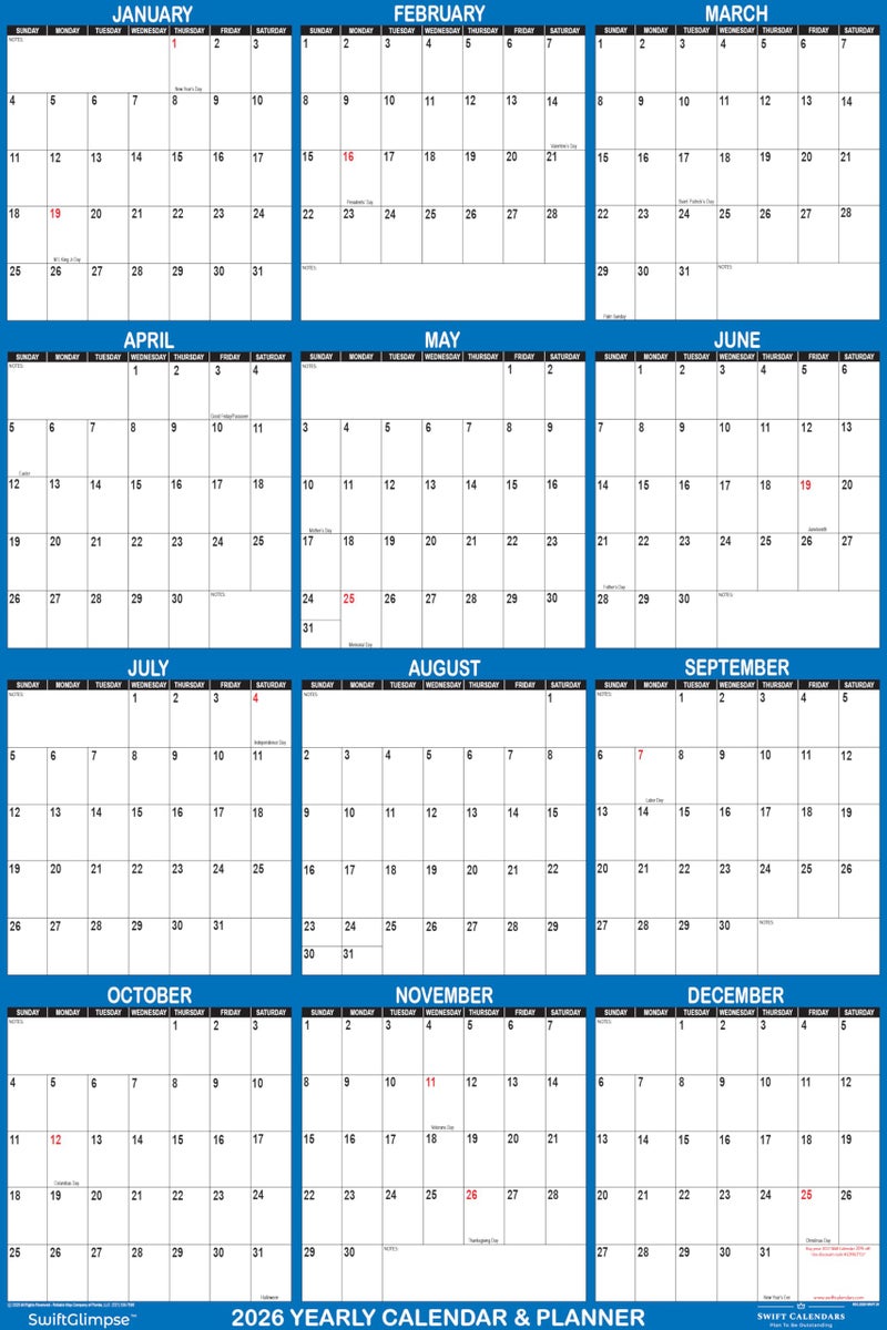 Swiftmaps 24" x 36" SwiftGlimpse 2026 Wall Calendar Erasable Large Wet & Dry Erase Laminated 12 Month Annual Yearly Wall Planner, Reversible, Horizontal/Vertical, Navy - Image 3