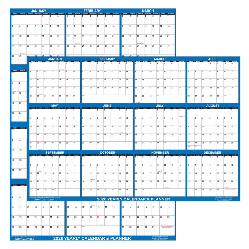 Swiftmaps 24" x 36" SwiftGlimpse 2026 Wall Calendar Erasable Large Wet & Dry Erase Laminated 12 Month Annual Yearly Wall Planner, Reversible, Horizontal/Vertical, Navy - Image 1