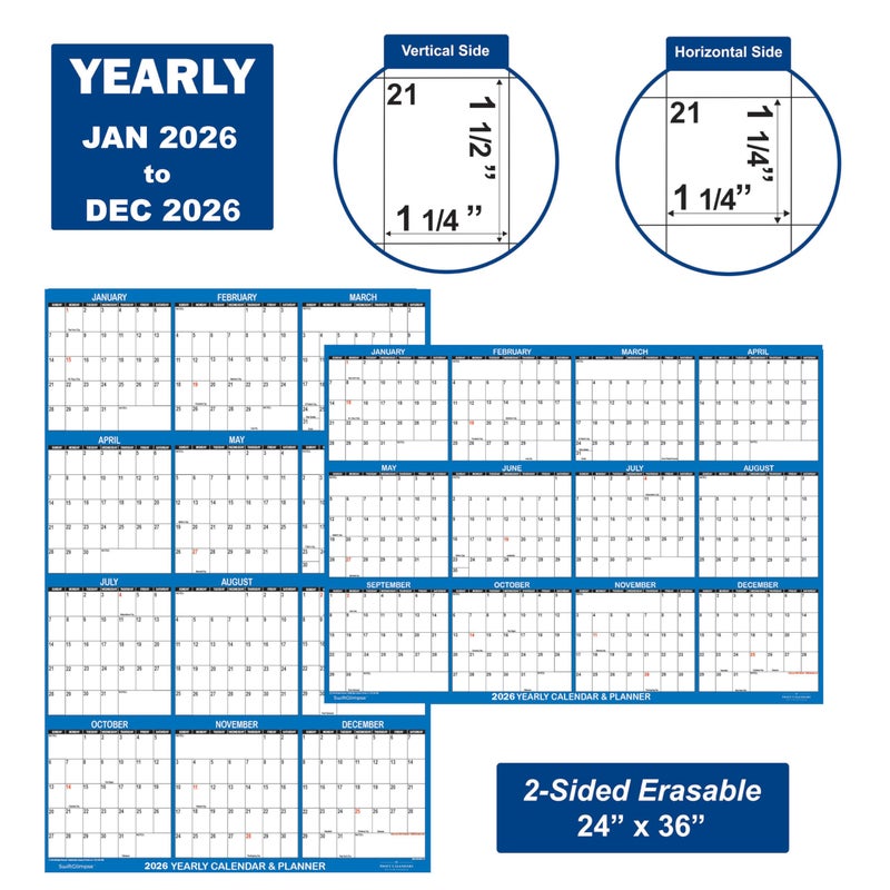 Swiftmaps 24" x 36" SwiftGlimpse 2026 Wall Calendar Erasable Large Wet & Dry Erase Laminated 12 Month Annual Yearly Wall Planner, Reversible, Horizontal/Vertical, Navy - Image 4