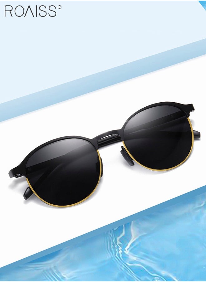 roaiss - Men's Polarized Round Sunglasses UV400 Protection Sun Glasses with Metal Half Frame Fashion Anti-Glare Sun Shades for Men Driving Fishing Traveling Black - Image 1