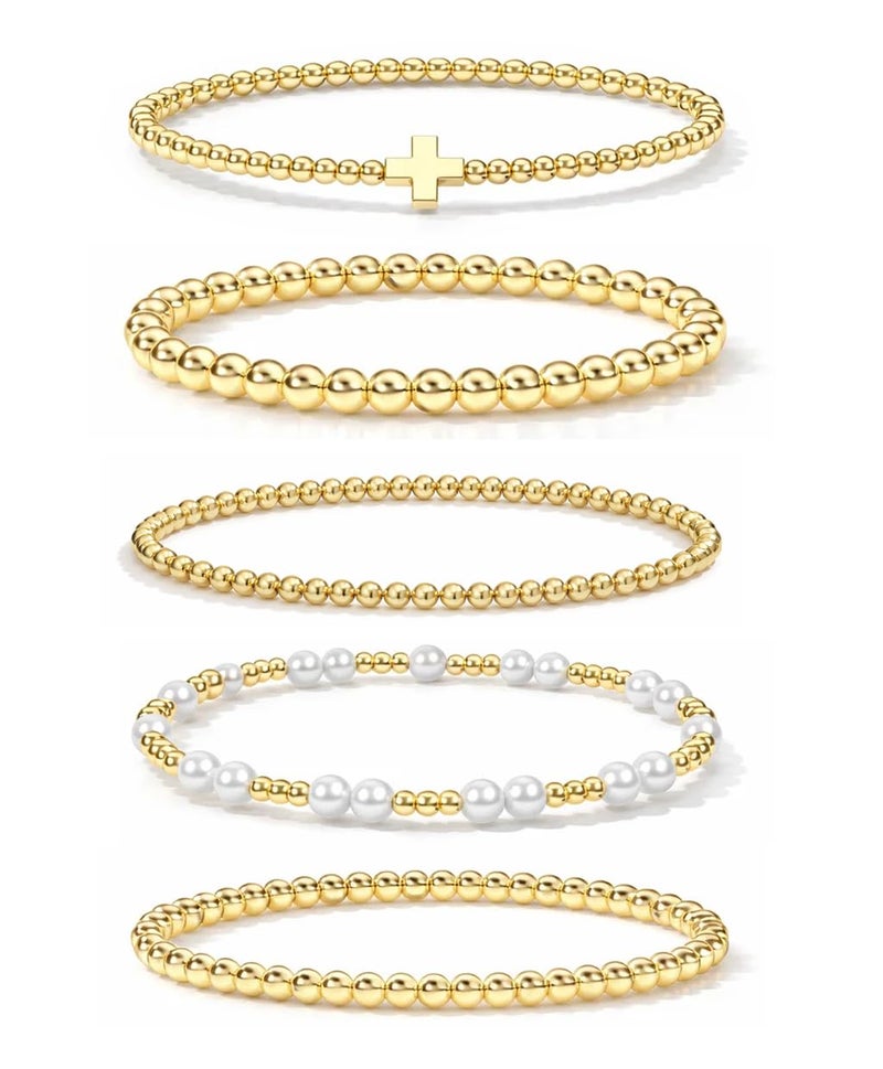 Fohufo Gold Bracelets for Women Gifts - Easter Basket Stuffers for Women Adults, Gold Bracelet Stack, Bead Bracelets for Women Birthday Gifts Easter Basket Stuffers, Pearl Bracelet Jewelry - 5 Pcs - Image 1
