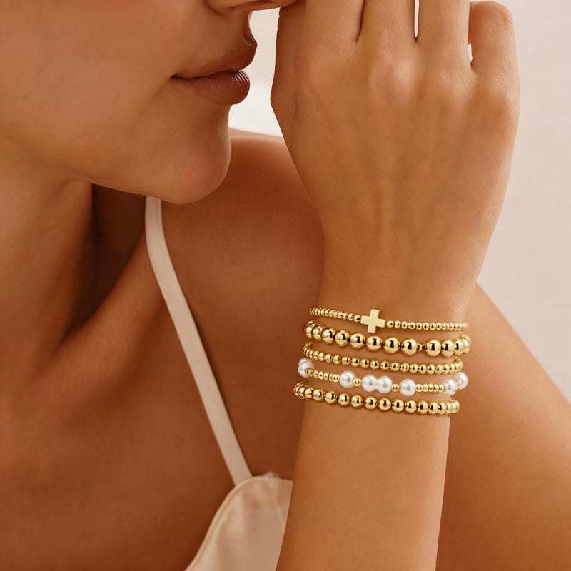 Fohufo Gold Bracelets for Women Gifts - Easter Basket Stuffers for Women Adults, Gold Bracelet Stack, Bead Bracelets for Women Birthday Gifts Easter Basket Stuffers, Pearl Bracelet Jewelry - 5 Pcs - Image 4
