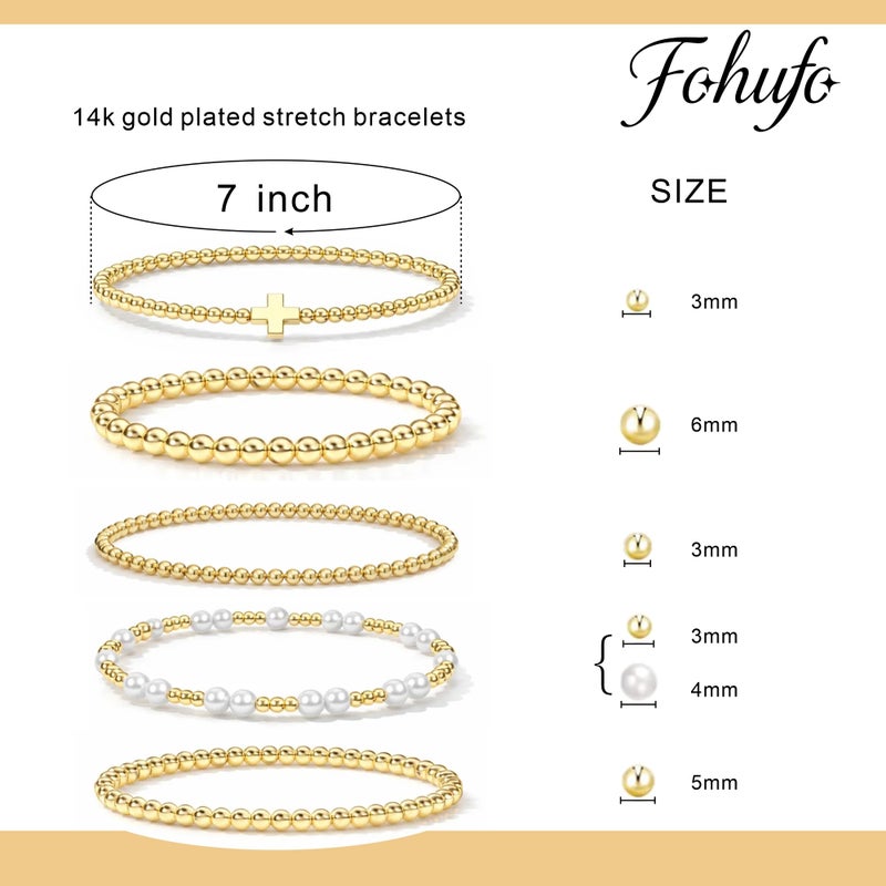 Fohufo Gold Bracelets for Women Gifts - Easter Basket Stuffers for Women Adults, Gold Bracelet Stack, Bead Bracelets for Women Birthday Gifts Easter Basket Stuffers, Pearl Bracelet Jewelry - 5 Pcs - Image 5