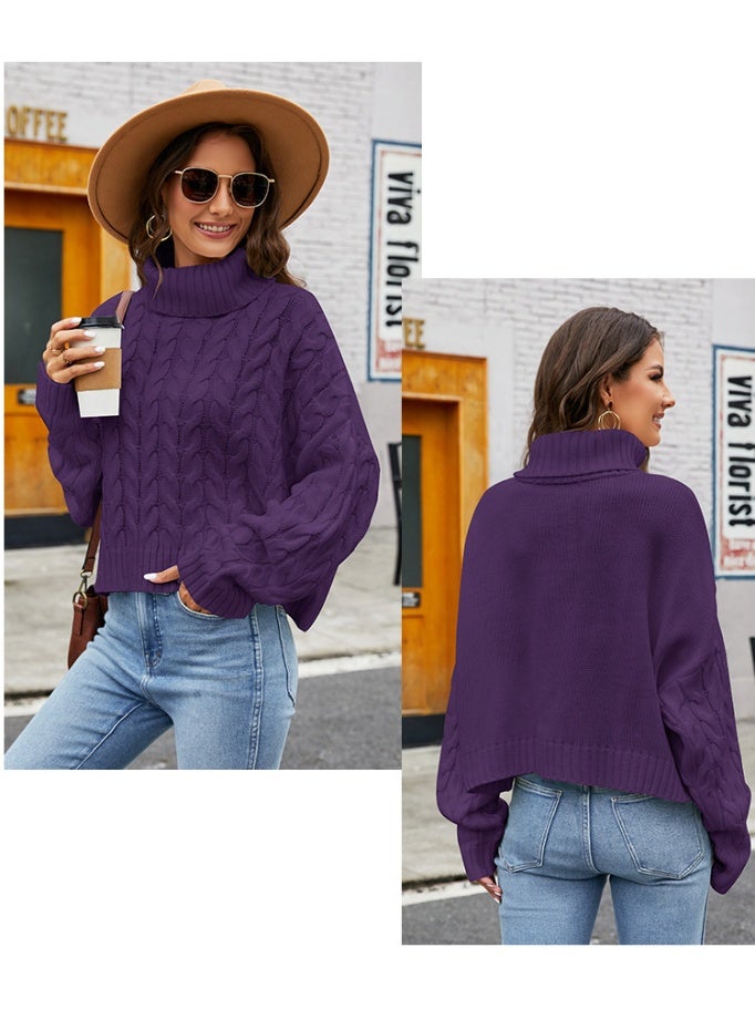 NIBEMINENT Autumn And Winter Coarse Linen Cable-knit Turtleneck Sweater; Pure Color Casual Sweater For Women, Loose Pullover Knitted Top - Image 2